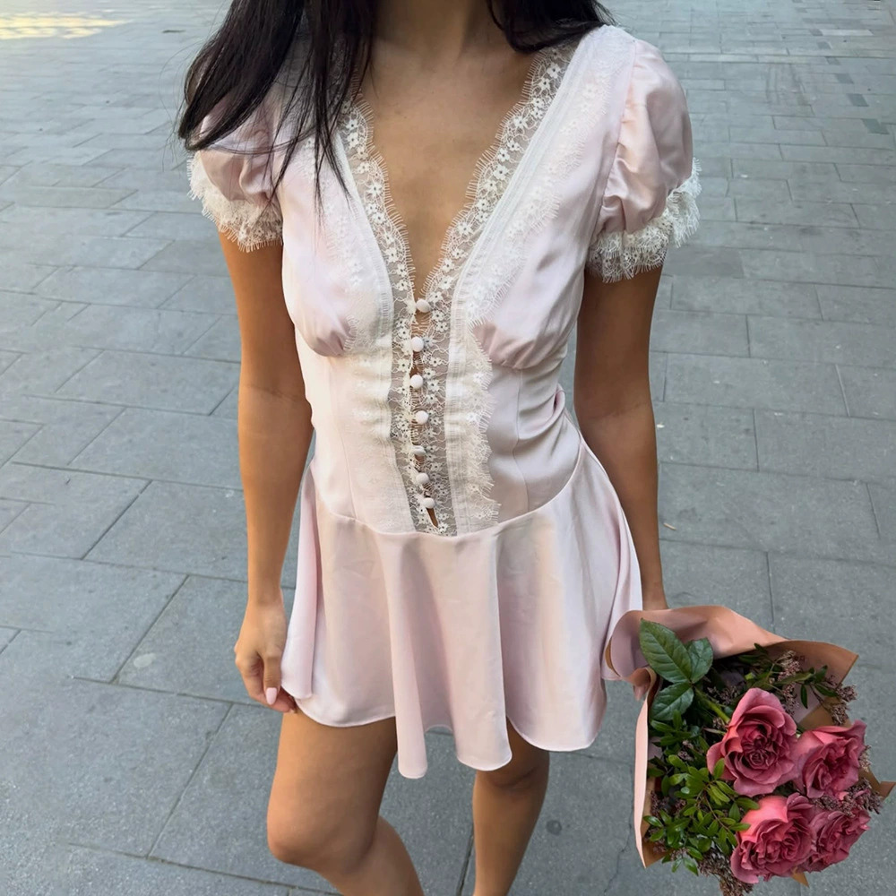 ZARA Lace Satin Sheer Puff Sleeve Y2K A-Line Mini Dress